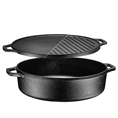 3-In-1 Pre-Seasoned Cast Iron Round Deep Roasting Pan With Reversible Grill...