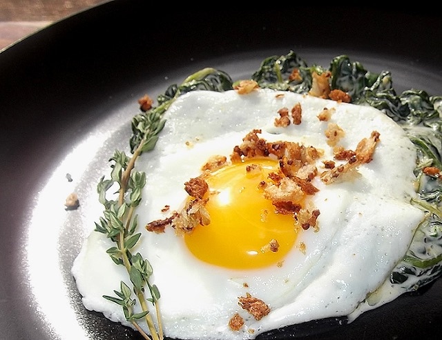 Sunny-Side-Up Eggs on Mustard-Creamed Spinach with Crispy Crumbs Recipe